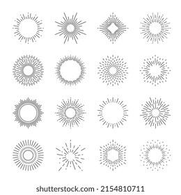 Rayos de luz vintage de los vectores de estallido y de la explosión del sol o estrella, fuegos artificiales o chispas. Brillo solar radial aislado y destellos estelares, estallido de estrellas y ráfagas de sol en forma de círculo y diamante