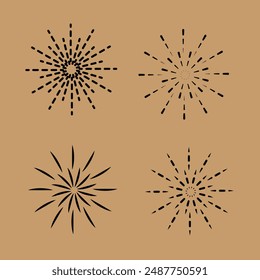Starburst, sunrays. Set of hand drawn sunbursts on light background. Vintage vector elements.