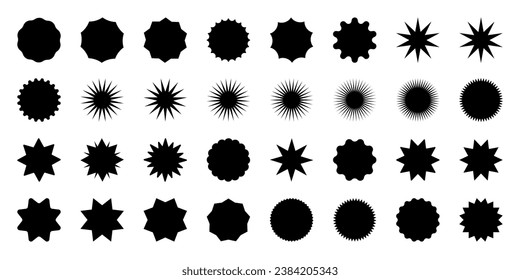 Starburst symbol set, quality or rating star collection, retro vector sale discount price tag. Sunburst or sunray illustrations, geometric graphic elements, promotional shipping label elements.