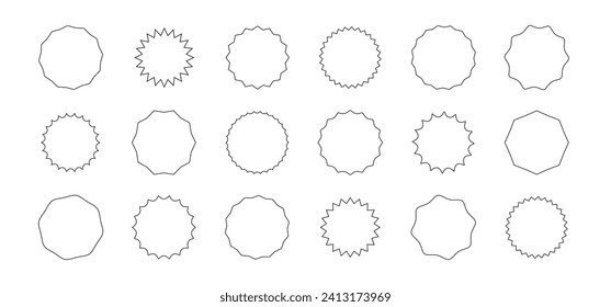 Icono vectorial del sticker de línea delgada Starburst, borde redondo de la estrella de contorno, conjunto de insignias de venta de círculo, etiqueta de precio. Ilustración simple aislada en fondo blanco
