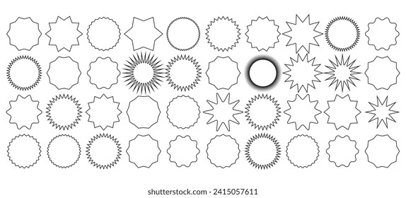 Starburst thin line sticker vector icon, outline star round border, circle sale badge set, price tag. Simple illustration isolated on white background