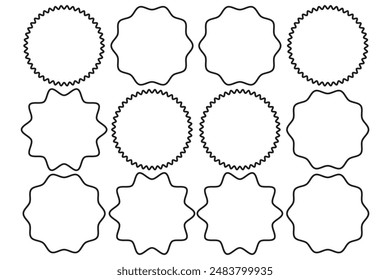 Starburst thin line sticker vector icon, outline star round border, circle sale badge set, price tag. Simple illustration isolated on white background