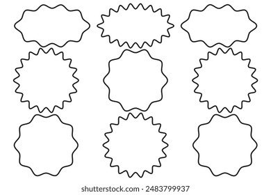 Starburst thin line sticker vector icon, outline star round border, circle sale badge set, price tag. Simple illustration isolated on white background