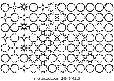 Starburst thin line sticker vector icon, outline star round border, circle sale badge set, price tag. Simple illustration isolated on white background