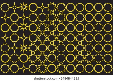  Starburst thin line sticker vector icon, outline star round border, circle sale badge set, price tag. Simple illustration isolated on white background