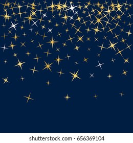 Starburst vector, gold stars background graphic design on dark blue. Flying sparkles, golden twinkle confetti falling down pattern. Night sky, star durst vector, cosmic space banner.