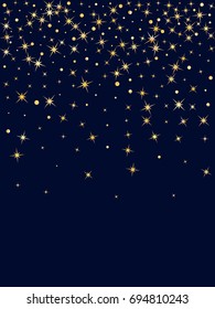 Starburst vector, gold stars background graphic design on dark blue. Flying sparkles, golden twinkle confetti falling down pattern. Night sky, star durst vector, cosmic space vertical banner.