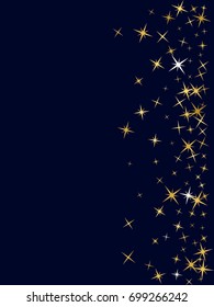 Starburst vector, gold stars on dark background graphic design. Flying stars sparkles, golden twinkle confetti scatter pattern. Night stars sky, cosmic space sparkles banner background.