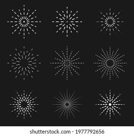 Starburst vector graphic set. Sun and star burst icon collection. Abstract detonation and explosion. Cartoon style firework flash logo. Spark beam symbol. Explosive bomb blast flare sign.