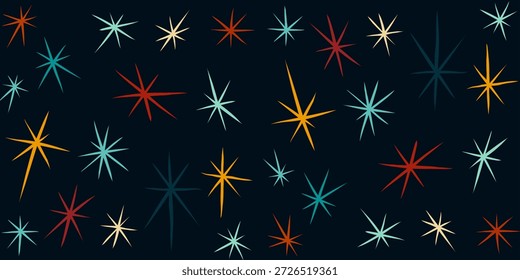 Patrón de Vector Starburst con Formas retro coloridas sobre fondo oscuro para Fondo de pantalla, impresión de tela, papel de embalaje, embalaje y diseño digital
