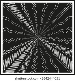Starburst vector shape. Radiating wave figure. Central spin illusion. Hypnotic black symbol.