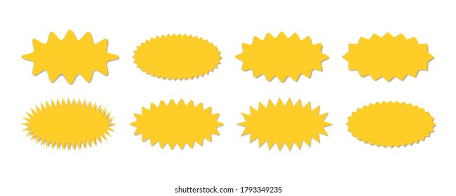 Starburst yellow sticker set - collection of special offer oval shaped sales sunburst labels and badges isolated on white background. Stickers with star edges for promo advertising campaign.