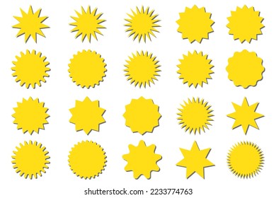 Starburst yellow sticker set - collection of special offer sale round shaped sunburst labels and badges isolated on white background. Circle stickers or buttons in form of star for promo advertising.