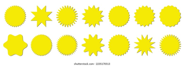 Starburst yellow sticker set - collection of special offer sale round shaped sunburst labels and badges isolated on white background. Circle stickers or buttons in form of star for promo advertising.