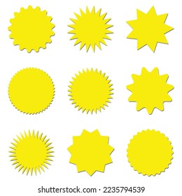 Starburst yellow sticker set - collection of special offer sale round shaped sunburst labels and badges isolated on white background. Circle stickers or buttons in form of star for promo advertising.