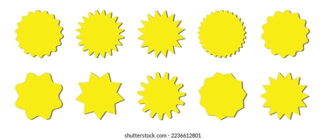 Starburst yellow sticker set - collection of special offer sale round shaped sunburst labels and badges isolated on white background. Circle stickers or buttons in form of star for promo advertising.