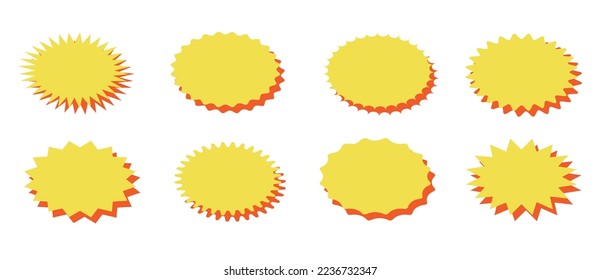 Starburst yellow sticker set - collection of special offer oval shaped sales sunburst labels and badges isolated on white background. Stickers with star edges for promo advertising campaign. Vector ic