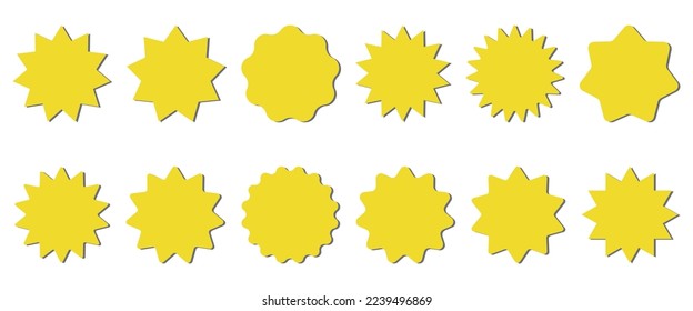 Starburst yellow sticker set - collection of special offer sale round shaped sunburst labels and badges isolated on white background. Circle stickers or buttons in form of star for promo advertising.