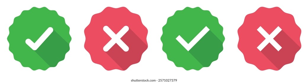 Starburst yes tick and no cross buttons. Profile verification with check marks and cross mark icons set red and green color. Verified and unverified account sign symbol. Vector illustration.