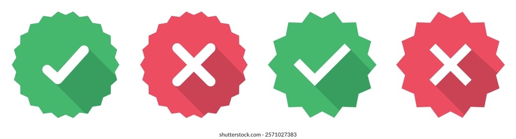 Starburst yes tick and no cross buttons isolated. Profile verification with check marks and cross mark icons set red and green color. Verified and unverified account sign. Vector illustration.