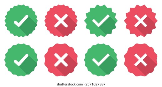 Starburst yes tick and no cross buttons. Profile verification with check marks and cross mark icons set red and green color. Verified and unverified account sign. Flat style. Vector illustration.