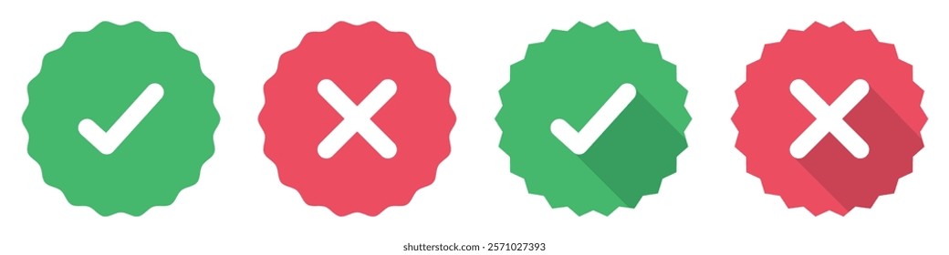 Starburst yes tick and no cross buttons. Profile verification with check marks and cross mark icons set in red and green color. Verified and unverified account sign. Flat design. Vector illustration.