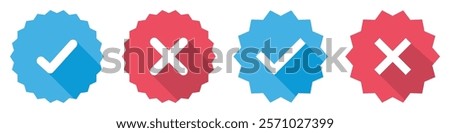 Starburst yes tick and no cross buttons. Profile verification with check marks and cross mark icons set red and blue color. Verified and unverified account sign. Flat design. Vector illustration.