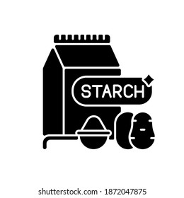 Starch black glyph icon. Nutrient products. Lunch preparation. Ingredient for baking. Potato powder in package. Grocery foodstuff. Silhouette symbol on white space. Vector isolated illustration