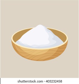 Starch bowl. Pile in a wooden bowl. Baking and cooking ingredient. Cartoon vector illustration. Food seasoning. Kitchen utensils