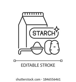Starch linear icon. Nutrient product. Lunch preparation. Ingredient for baking. Powder in package. Thin line customizable illustration. Contour symbol. Vector isolated outline drawing. Editable stroke