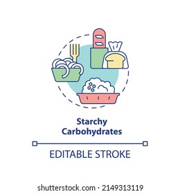 Icono de concepto de hidratos de carbono de almidón. Producto que contiene carbohidratos. Sugerencia para el estilo de vida vegano idea abstracta ilustración de línea delgada. Dibujo de contorno aislado. Trazo editable. Fuentes Arial, Myriad Pro-Bold utilizadas