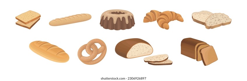 Starchy Foods or Baked Goods with Croissant and Bread Slices Vector Set