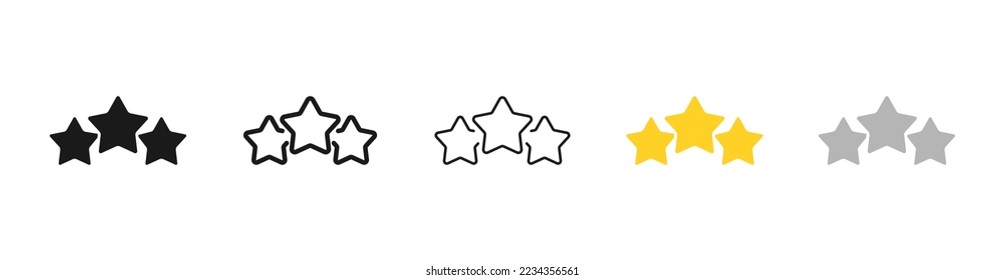 icono de Stardom set. Reseña, retroalimentación, valoración, estrella parpadeante, cielo estrellado, cometa, estrella fugaz con cola, brillo, deseo. Concepto de sueño. Vector cinco ícono de estilo diferente en fondo blanco