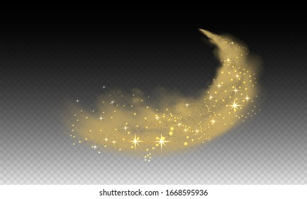 Stardust cloud, swoosh, glitter powder spray with star and particles of dust on transparent background. Realistic vector illustration