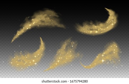 Stardust cloud, swoosh, glitter powder spray with star and particles of dust on transparent background. Realistic vector illustration