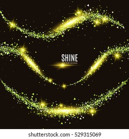 Stardust Collection. Green Glitter Wave Set. Green Sparkles Abstract Background. Magic Fairy Dust. Glamour Design. Vector illustration