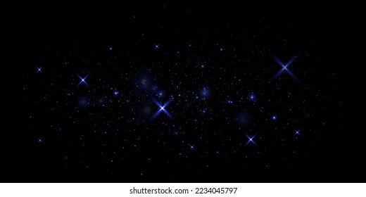 Stardust, flash spark, sparkling blue star. On a black background.