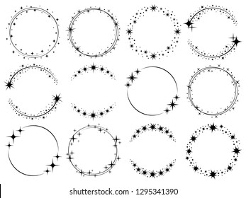 Stardust frames. Shiny star circle frame, starry glitter stamp and round magic twinkle stars trace. Shine stardust swirl, shining glowing halo for party decor. Isolated vector symbols set