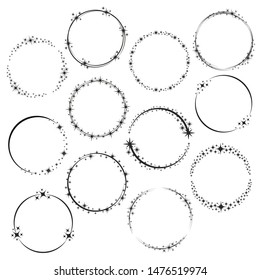 Stardust frames. Shiny star circle frame, starry glitter stamp and round magic twinkle stars trace. Shine stardust swirl, shining glowing halo for party decor. Isolated vector symbols set