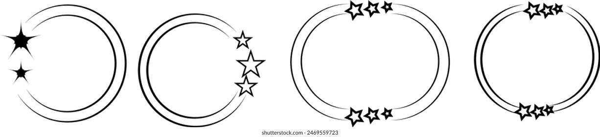 Stardust frames. Shiny star circle frame, starry glitter stamp and round magic twinkle stars trace. Shine stardust swirl, shining glowing halo for party decor eps 10.