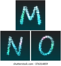 Stardust glow font, letters N, M, O, part of collection alphabet letters and numbers