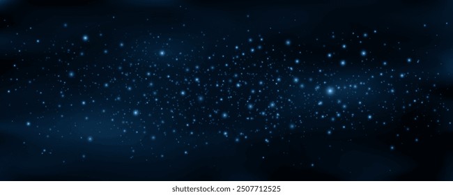 Stardust glowing in the night. Light effects in black outer space. Deep cosmos background. Abstract view of universe. Vector illustration. EPS 10.