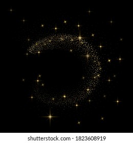 Stardust golden glitter. Glittering star dust trail.Space comet . Vector abstract shiny light effect.  Semicircle of gold dust with lot of small particles different scale on black background.

