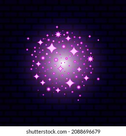 Stardust, round constellation, pink glow, neon effect. Dark brick wall. Vector illustration, flat design, eps 10.