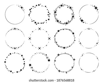 Stardust sparks frames. Silhouette stars circular patterns, magic holiday party decor, round glitter shiny effect particles with copy space, wedding or christmas templates flat vector isolated set