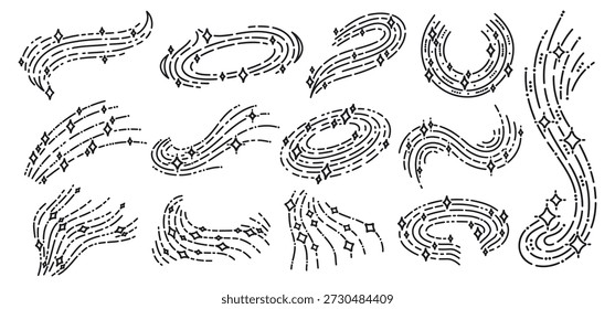 Sternenstaub-Spuren. Handgezeichneter glänzender Sternwirbel, glühende Kometen und sternförmige funkelnde Schwänze flache Vektorgrafik-Set. Isolierte Doodle Glanz Sternenstaub Wirbelsammlung