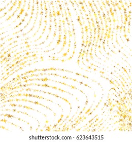Stardust vector pattern. Cosmic abstract background with gold star elements. Glitter confetti, magic shining sparkles design. Decorative curve lines starburst on white. Star dust ornament.