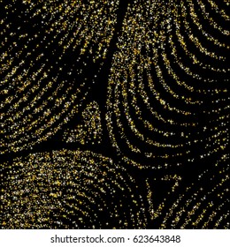 Stardust vector pattern. Cosmic abstract background with gold star elements. Glitter confetti, magic shining sparkles design. Decorative curve lines starburst on black. Star dust night sly ornament.