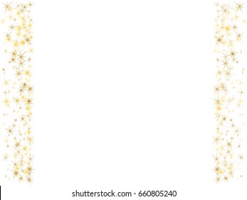Stardust vector pattern. Cosmic abstract background with gold star elements, tinsels. Astral vertical shining sparkles frame or border design with text place. Golden glitter confetti on white.