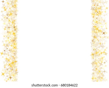 Stardust vector pattern. Cosmic abstract background with gold star elements. Astral vertical stripes with shining sparkles. Frame or border design with text place. Golden glitter confetti on white.